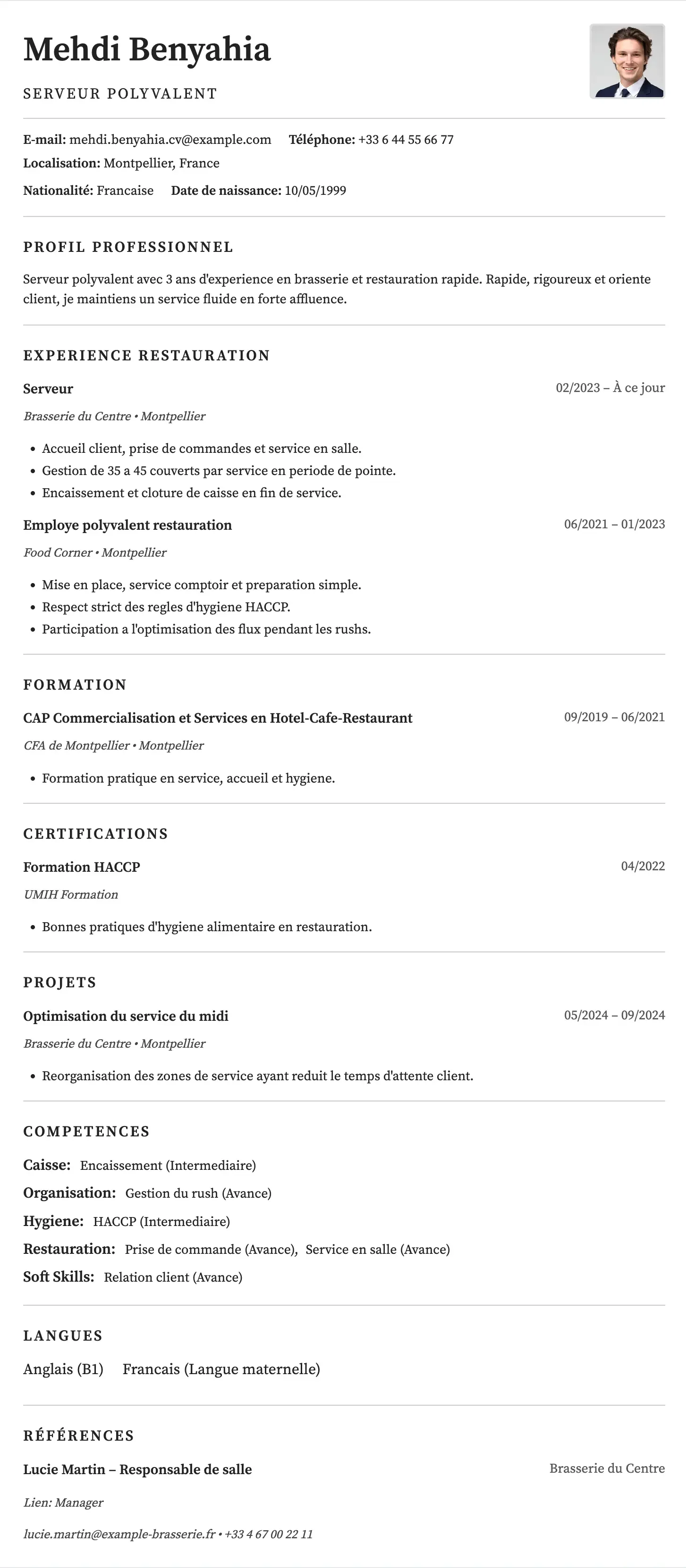 CV restauration : exemple gratuit serveur / cuisine