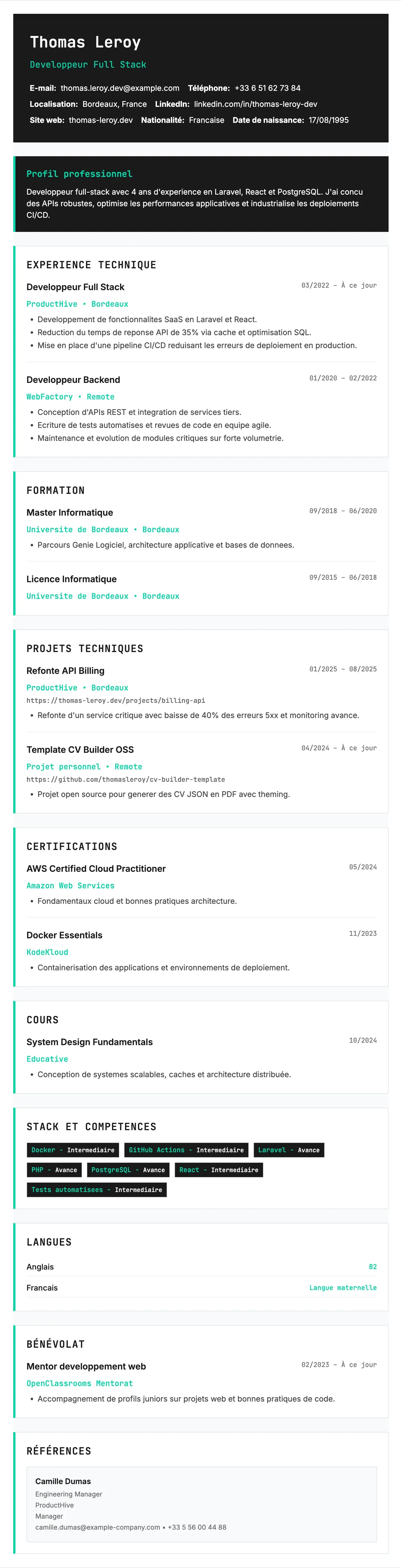 CV développeur : exemple gratuit avec projets
