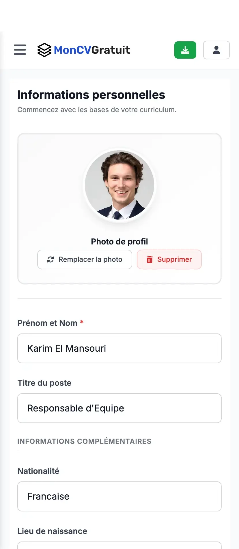 Aperçu de l'application mobile MonCVGratuit sur iPhone