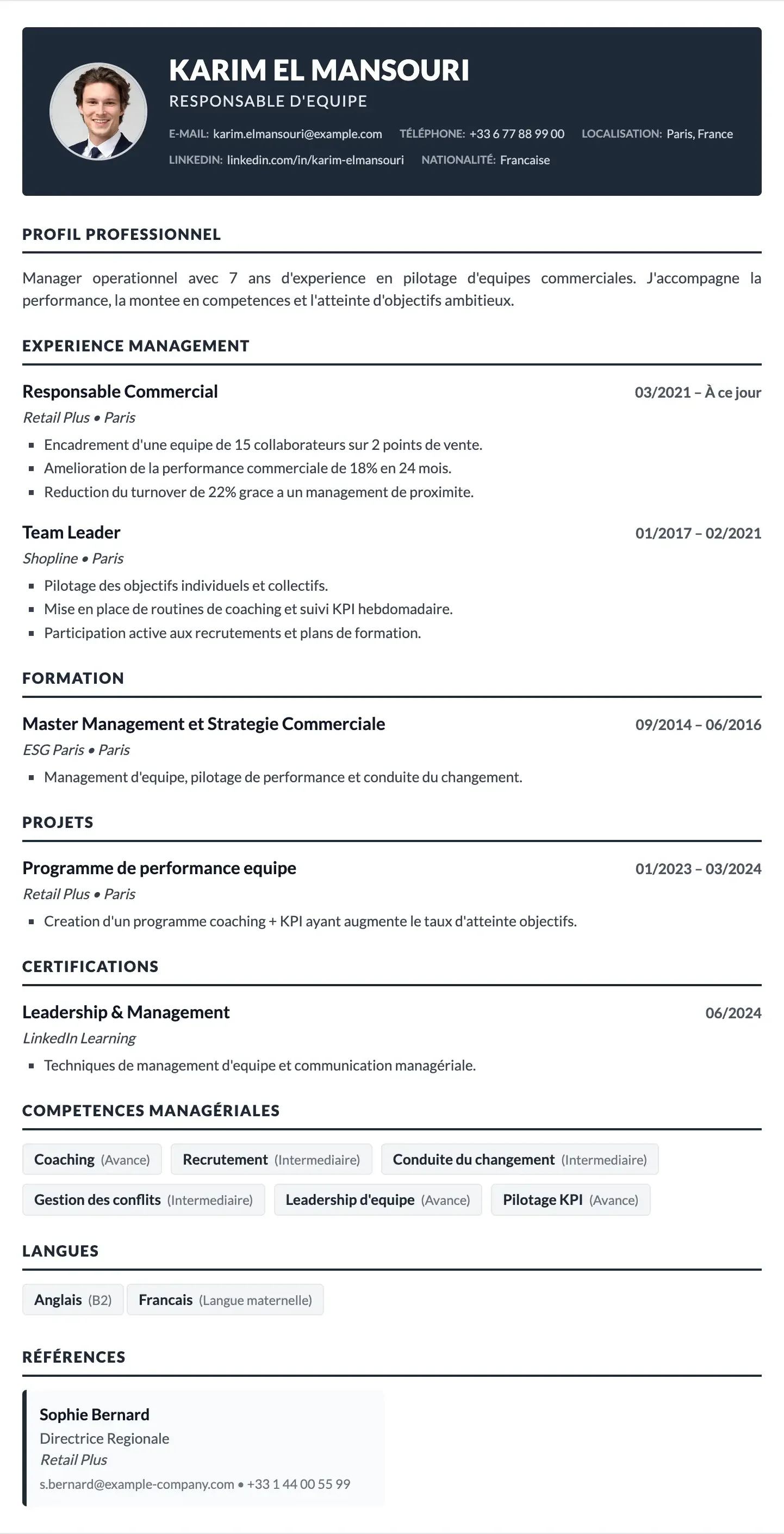 CV manager : exemple gratuit (leadership & résultats)